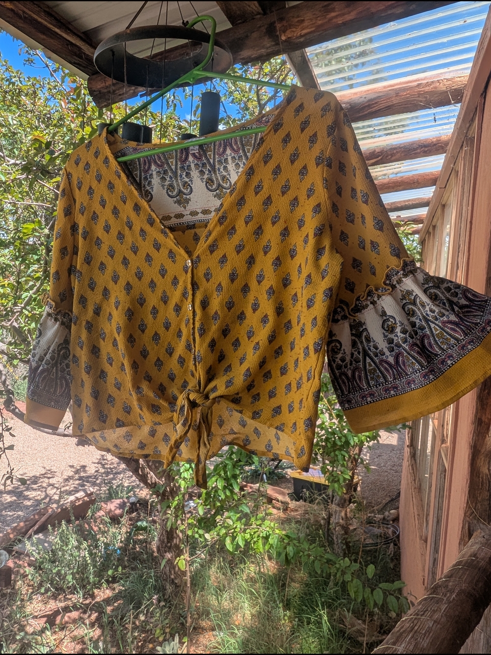 Boho Tie-Front Women's Top in Gold Yelow with Paisley Trim